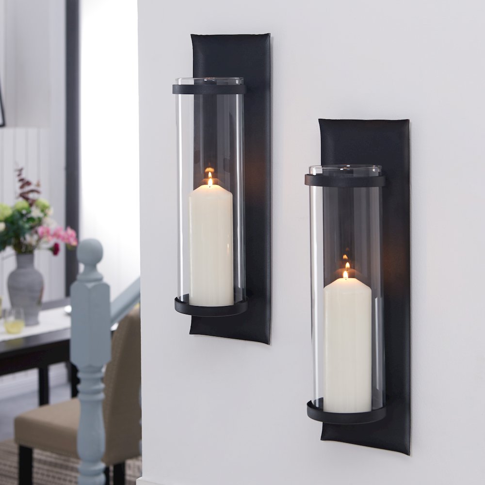 Metal Pillar Candle Sconces with Glass Inserts (Set of 2). Picture 2