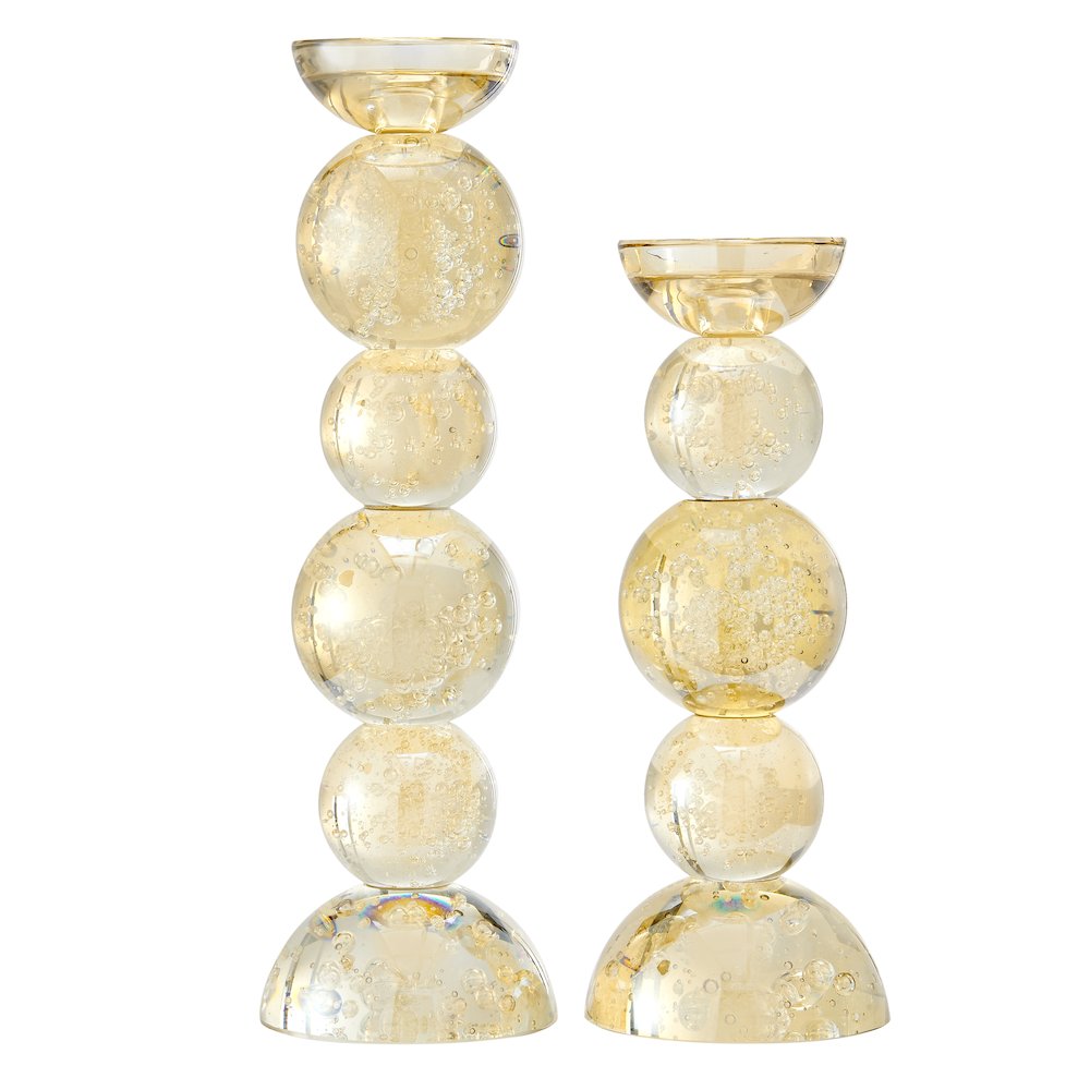 Enya Champagne Gold Tint Bubble Glass Stacked Orb Pillar Candle Holder Set of 2. Picture 1