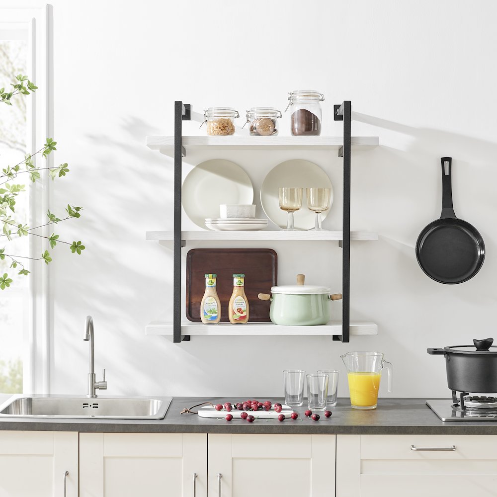 Modern 3-Tier Hanging Bracket Wall Shelves in Black Metal and White Birch Finish. Picture 2