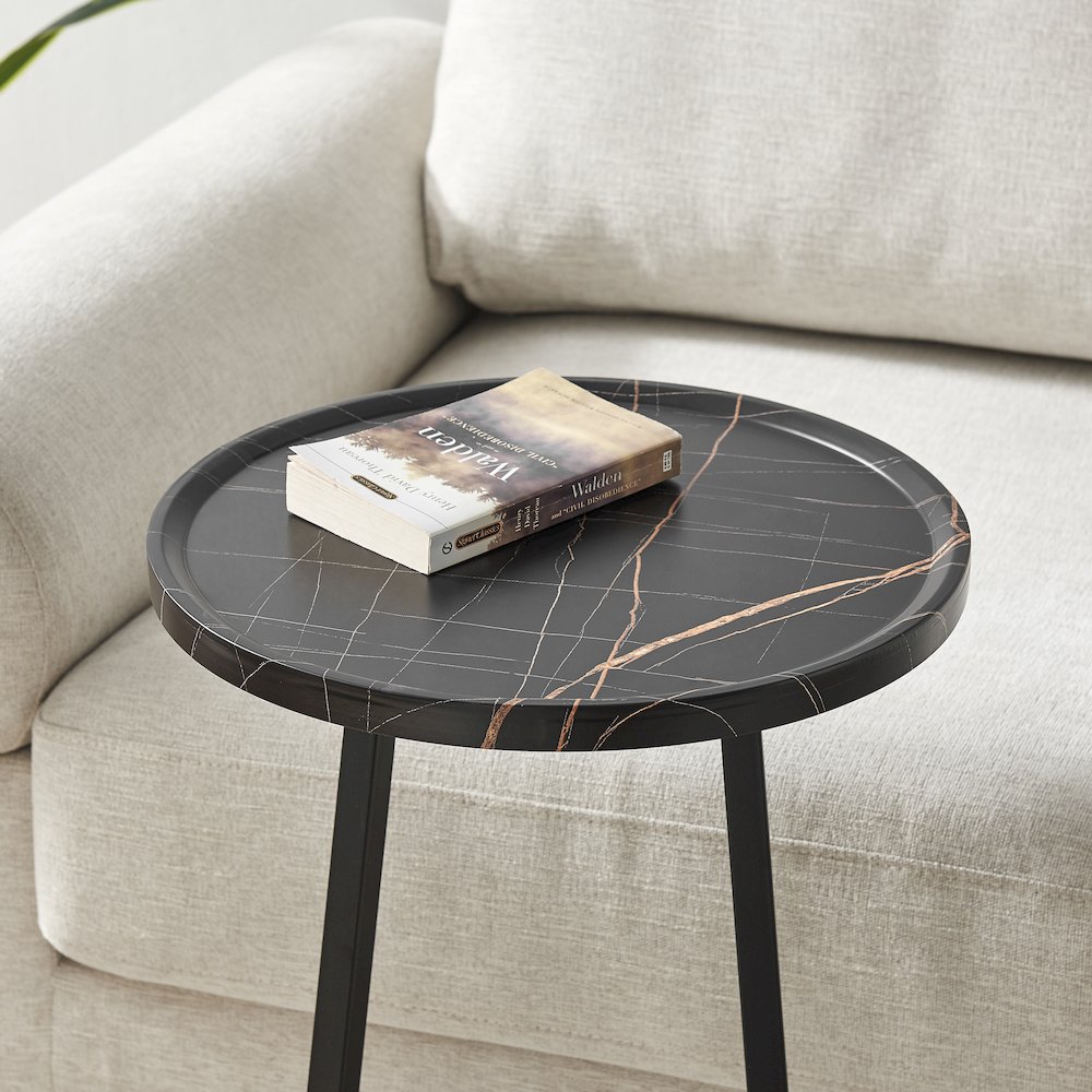 Addison Round Raised Lip Angled Couch-Side Accent C-Table - Black Marble/Black. Picture 9