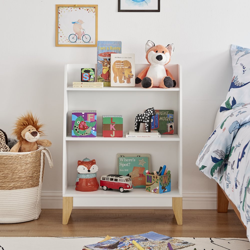 Steiner White 3-Tier Kids Freestanding Bookshelf - Contrasting Wood-Toned Legs. Picture 2