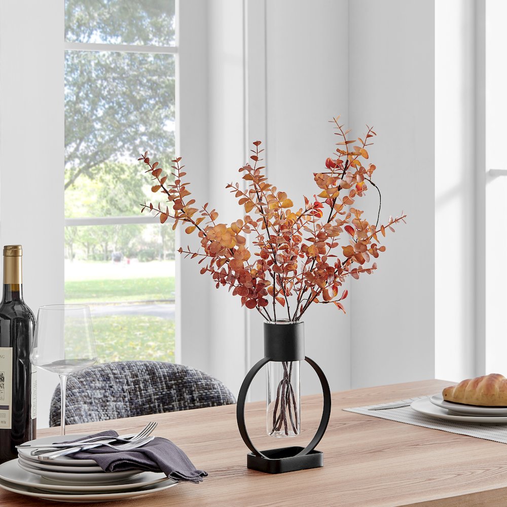 Jacob Modern Black Metal Open Circle Pedestal Clear Glass Tabletop Vase. Picture 3