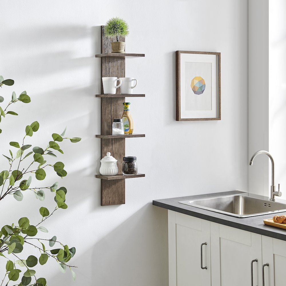Arica Utility Column 4-Tier Spine Wall Shelves - Hickory. Picture 9