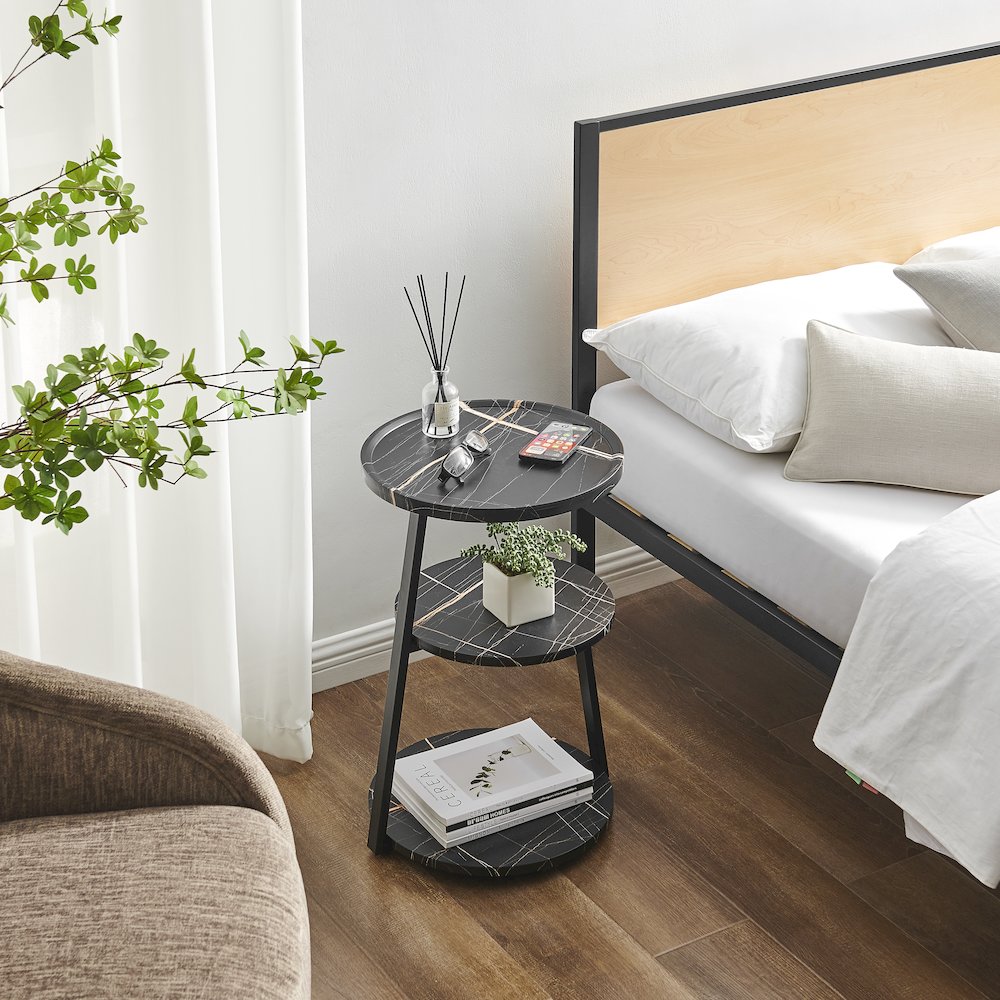 Skylar Round 3-Tier Side Accent Table with Raised Lip Edge - Black Marble/Black. Picture 5
