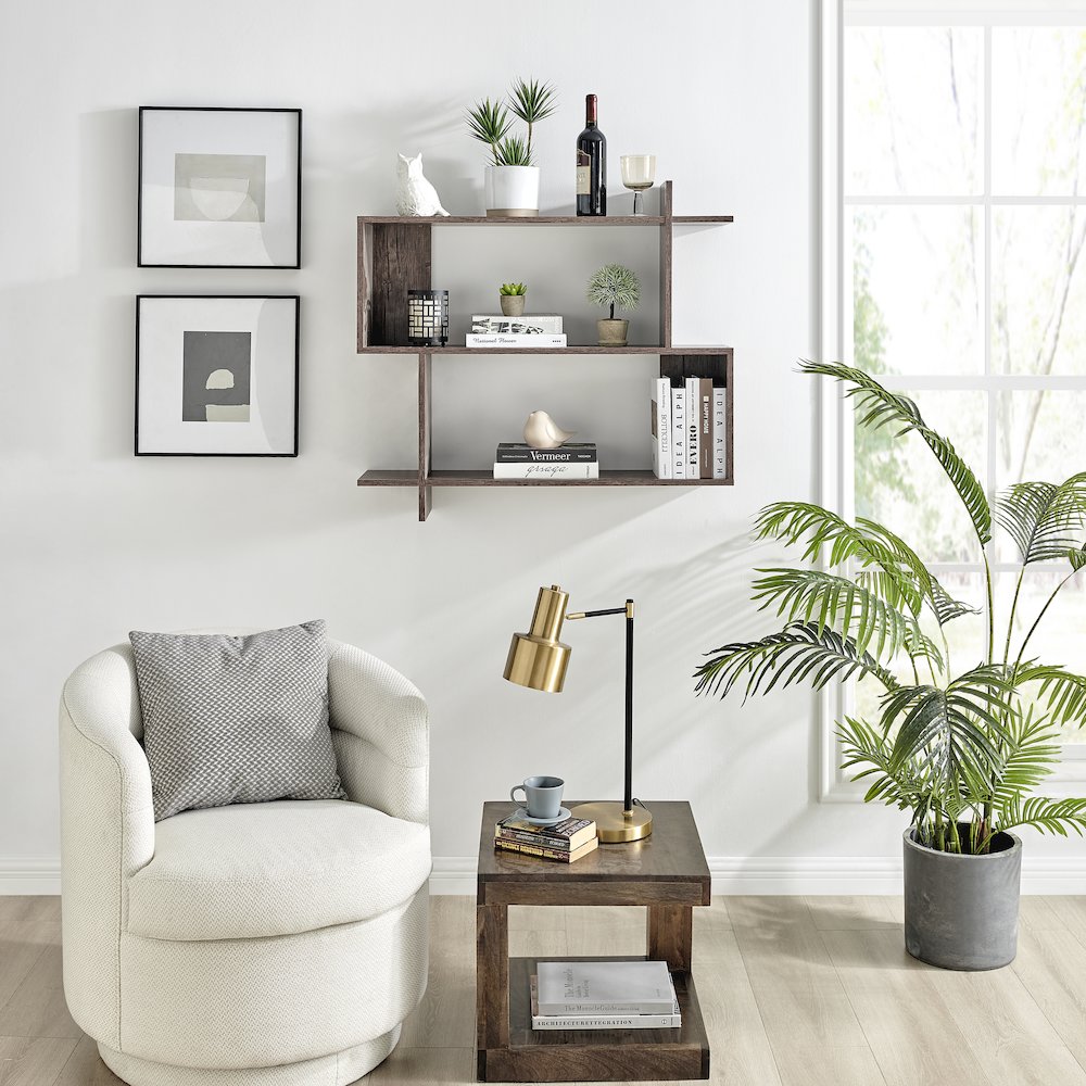 Manasa Floating Geometric Kilter Two-Tier Wall Shelf - Hickory. Picture 4