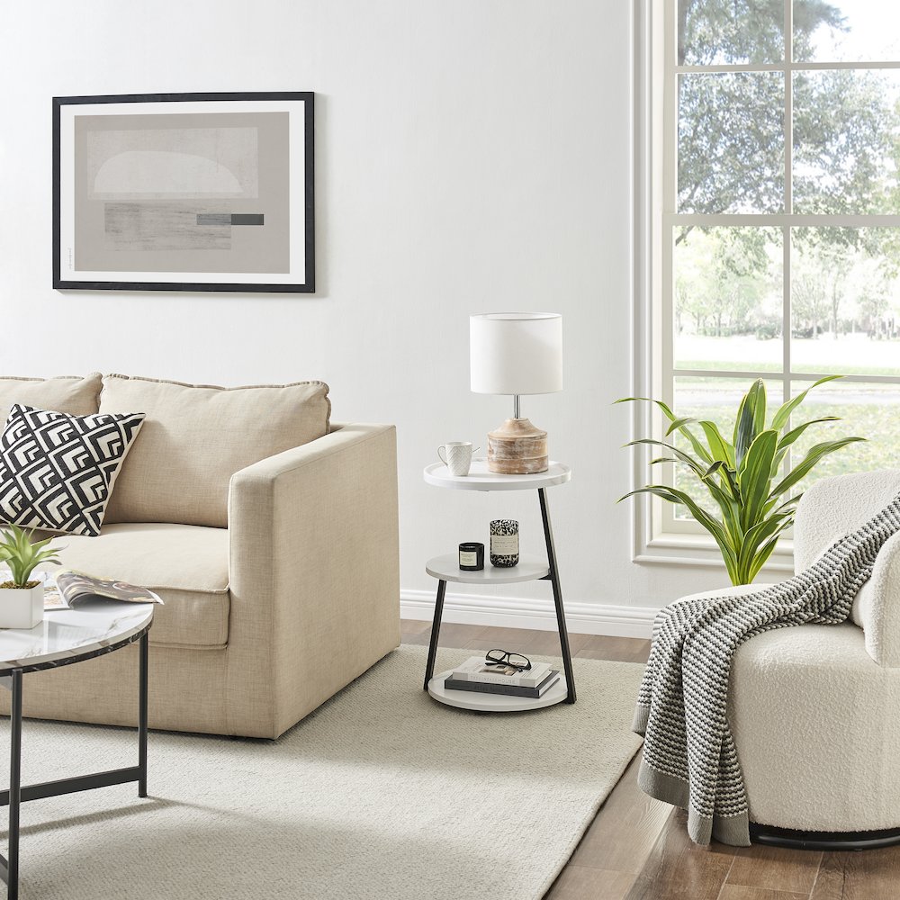 Skylar Round 3-Tier Side Accent Table with Raised Lip Edge - White Marble/Black. Picture 9