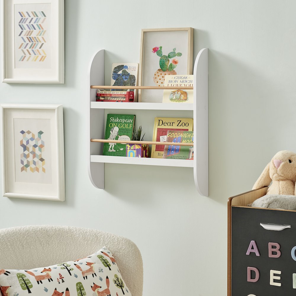 Steiner White Rounded 2-Tier Kids Book Magazine Wall Bookcase - Wood-toned Rods. Picture 5