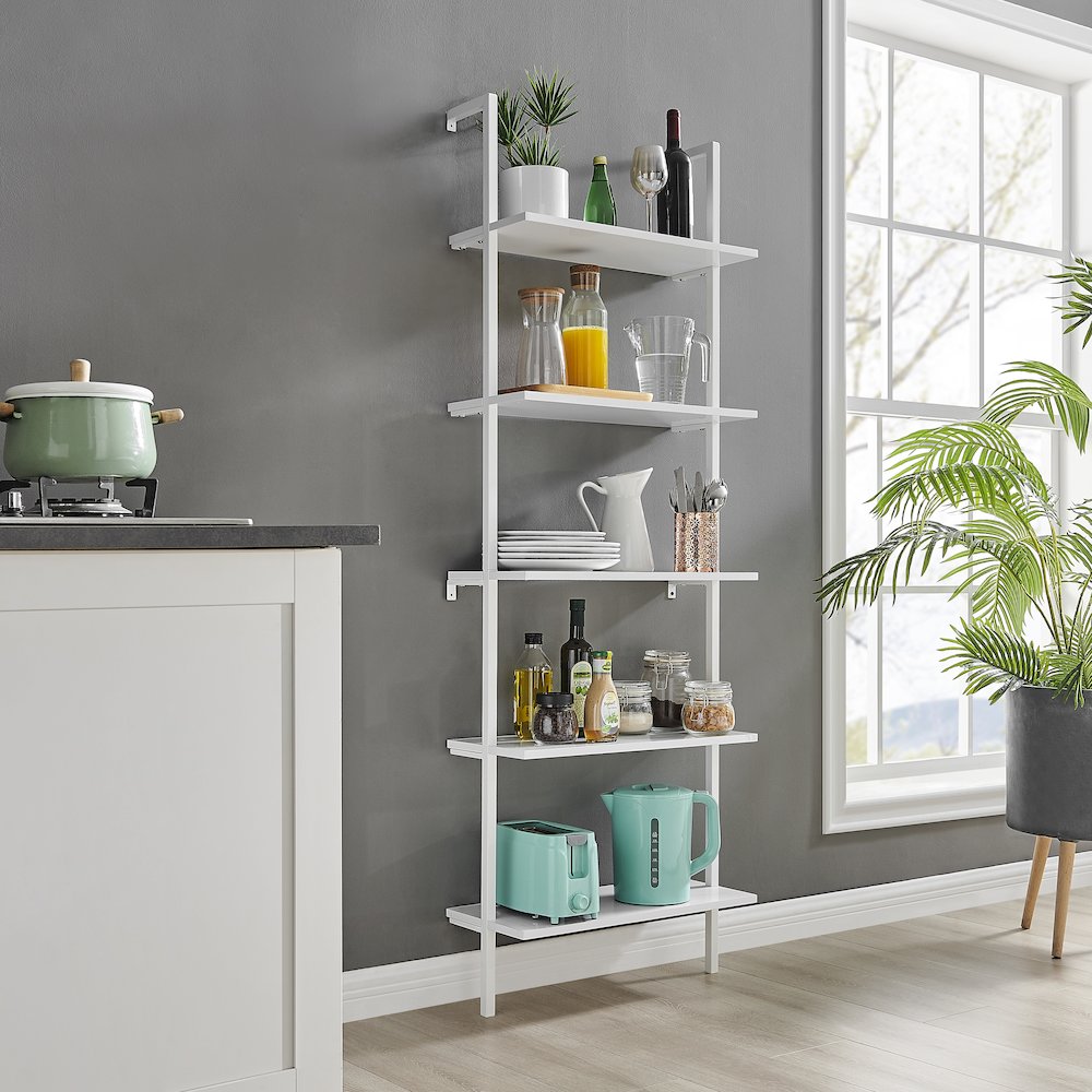 Everett 5-Tier Open Display Wall Mount Metal Frame Ladder Shelf - White/White. Picture 8