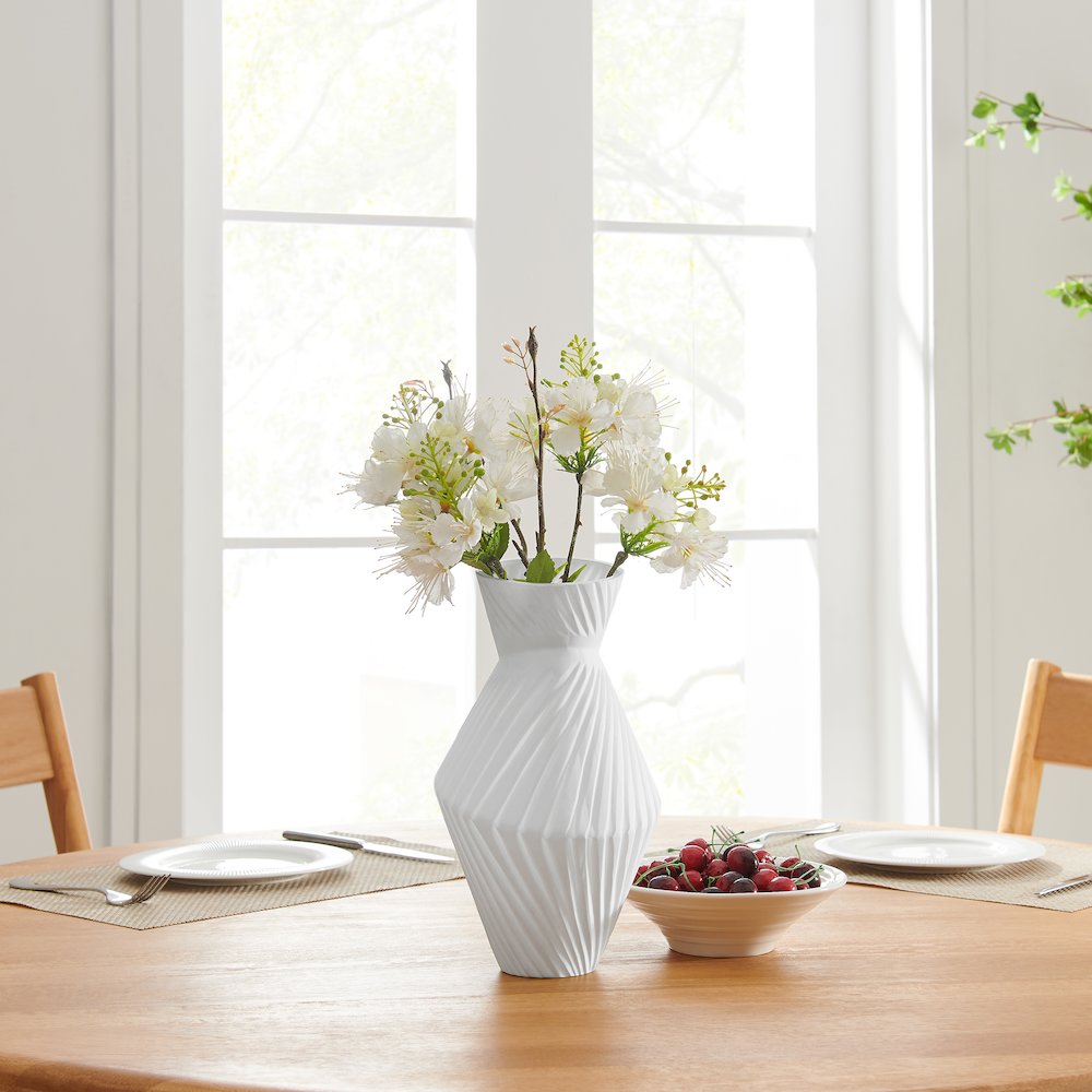 Eos Minimal White Contemporary Ribbed Angular Glass Tabletop Vase. Picture 4