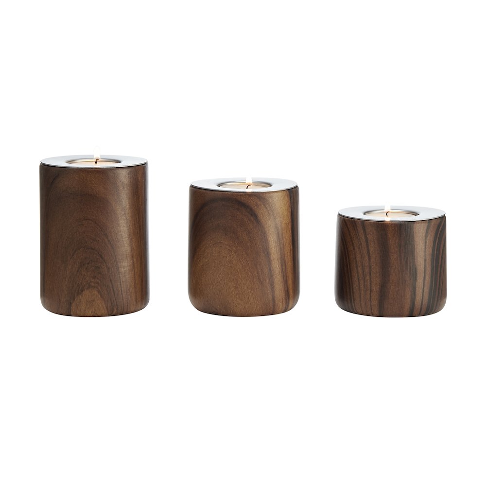 Hemming Modern Walnut Finish Three Piece Tealight Candle Holder Tabletop Set. Picture 6