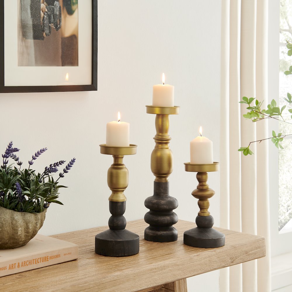 Nara Brass Wood Taper Candlestick Pillar Candle Holders - Set of 3. Picture 2