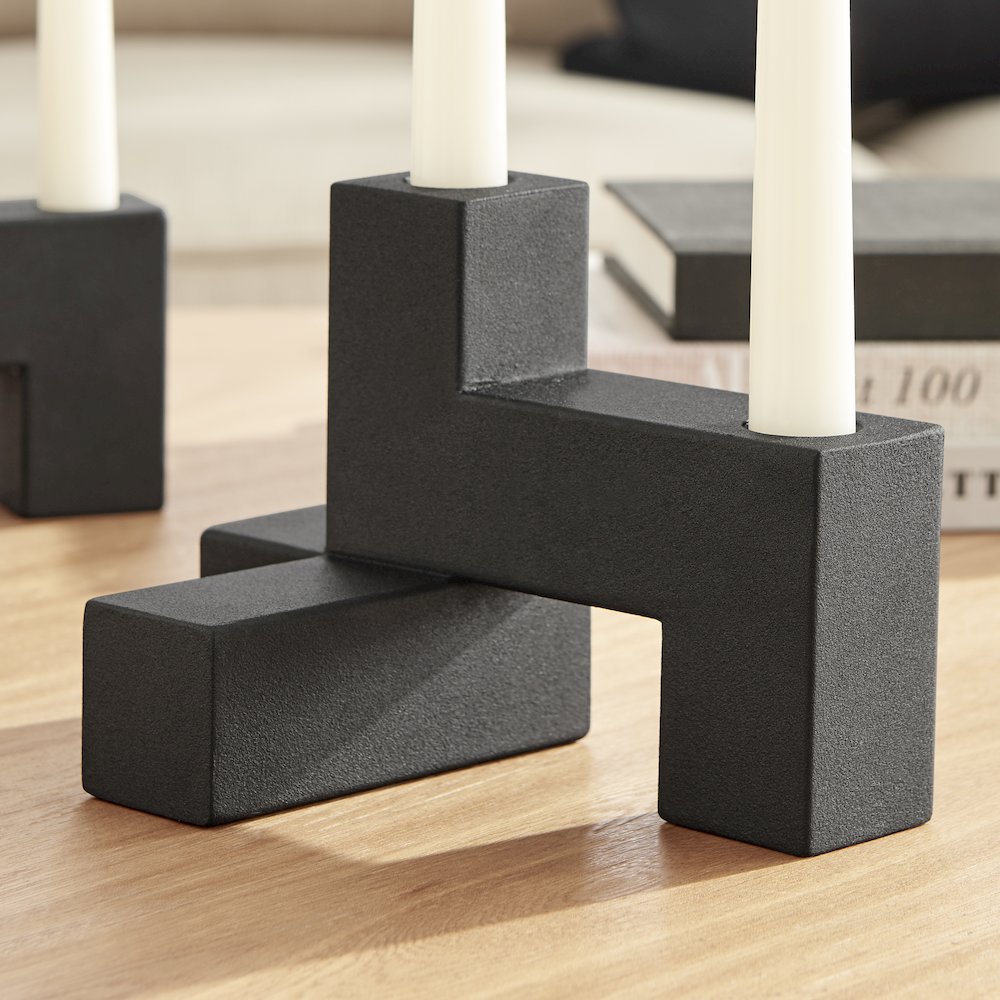 Contemporary Black Metal 2-Piece Stacking Candelabra Taper Candle Holder Set. Picture 7