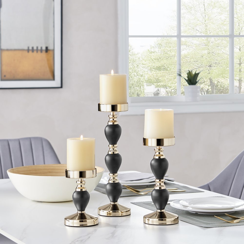 Talia Black and Gold Candlestick Taper Candle Holders - Set of 3. Picture 2