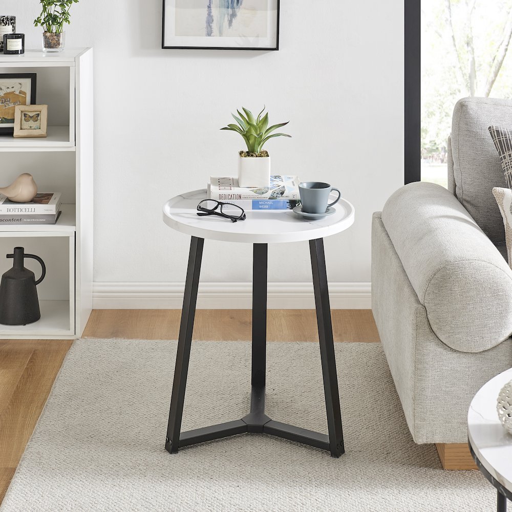 Harper Midcentury Round Raised Lip Edge Side Accent Table - White Marble/Black. Picture 2