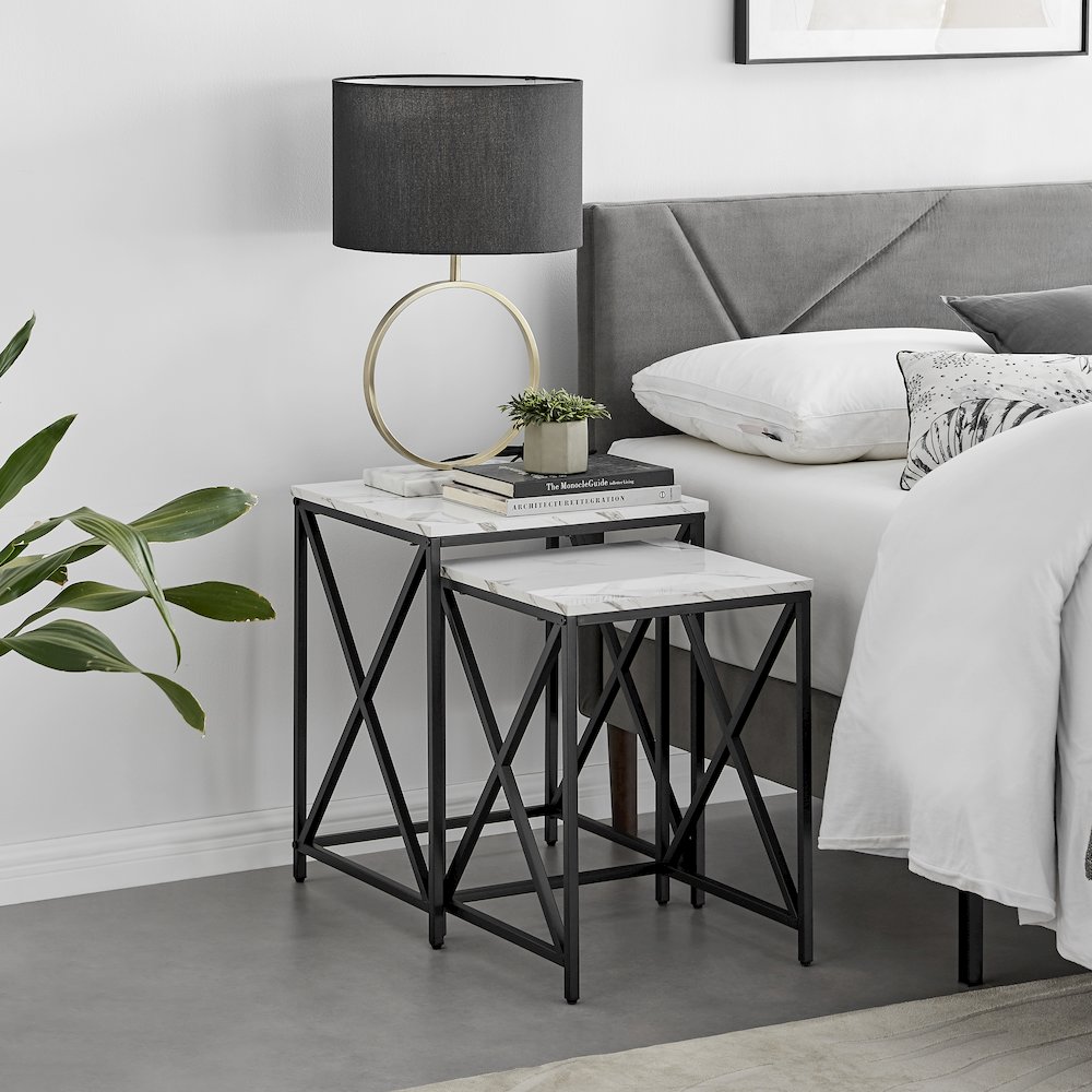 Modern Square Veneer Black Metal Frame Nesting End Tables White Marble Set of 2. Picture 7