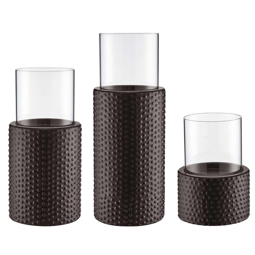Candle Holder Set (3) With Clear Glass Hurricanes And Textured Metal Base. Picture 1