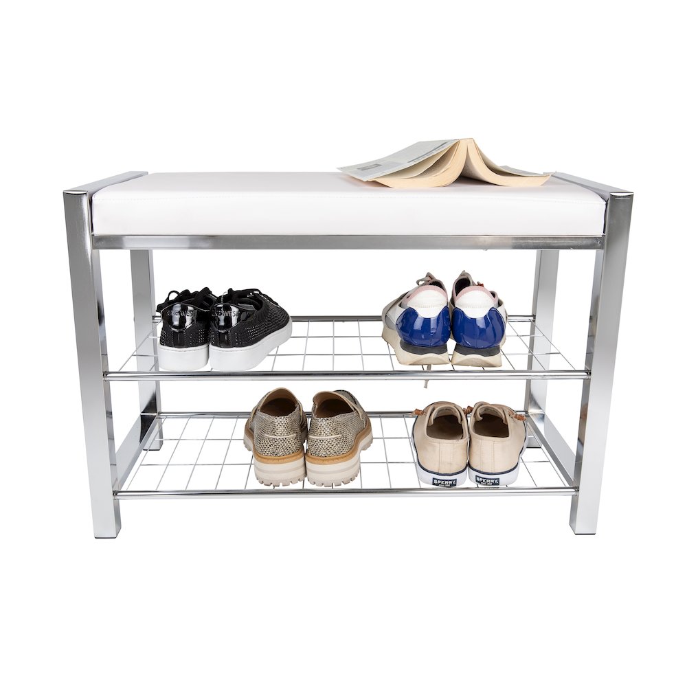 White Leatherette Storage Entryway Bench with Chrome Frame. Picture 6