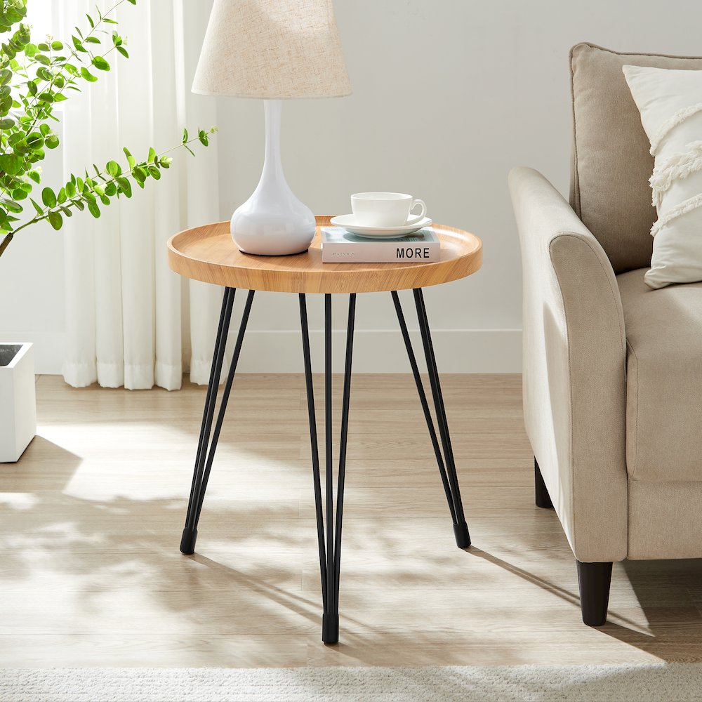 Tadao Raised Lip Edge Side Table with Black Metal Hairpin Legs - Round - Bamboo. Picture 2