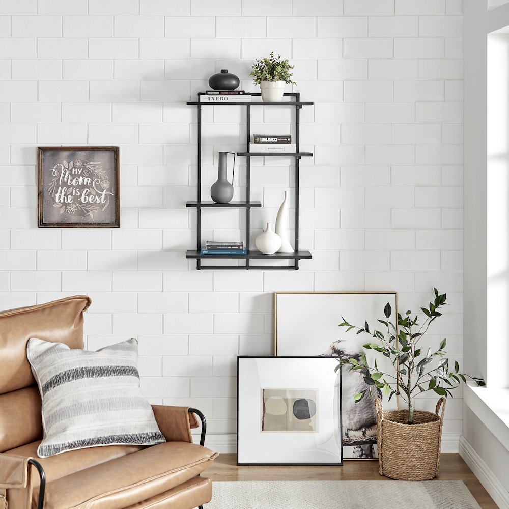 Rhodes 4 Tier Windowsill Wall Shelf with Black Metal Frame Black MDF Shelves. Picture 4