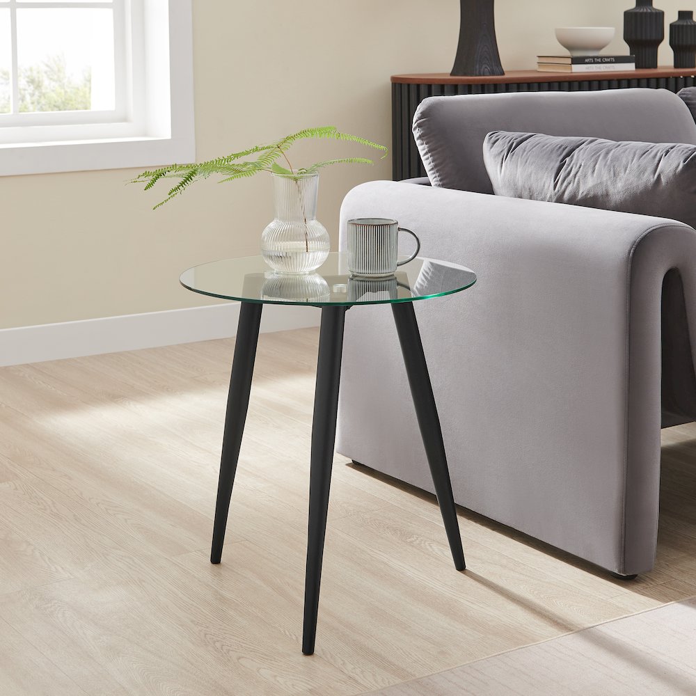 Van Beuren Side Table Modern Metal Taper Legs and Clear Glass Tabletop - Black. Picture 4