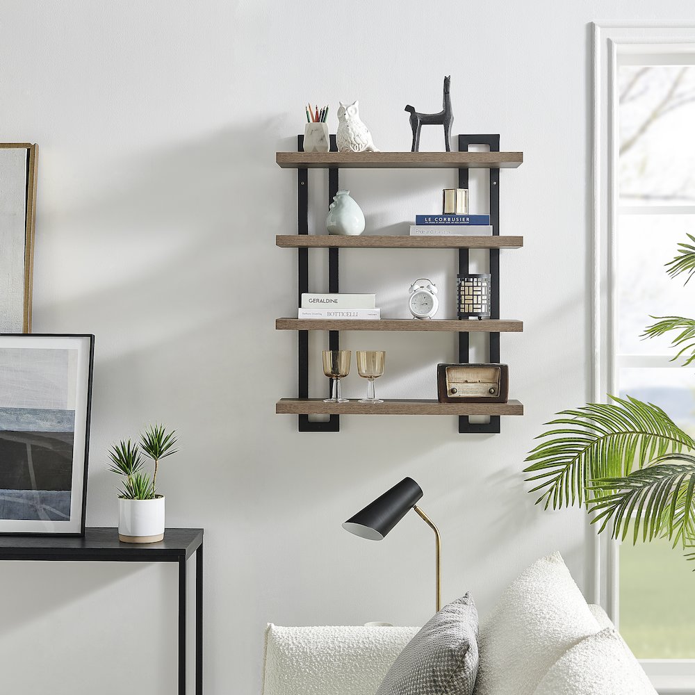 4-Tier Floating Bracket Wall Shelf - Black Metal and Walnut Finish. Picture 4