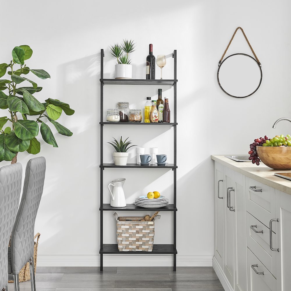 Everett 5-Tier Open Display Wall Mount Metal Frame Ladder Shelf - Black/Black. Picture 5