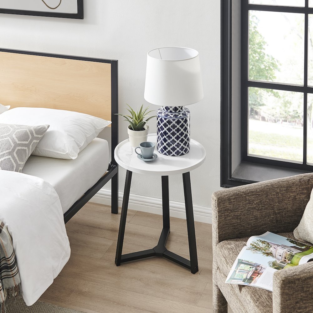 Harper Midcentury Round Raised Lip Edge Side Accent Table - White Marble/Black. Picture 6