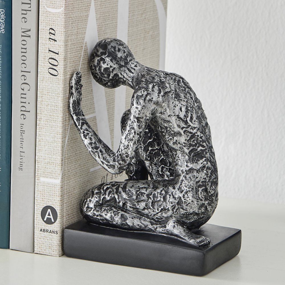 Kneeling Figure Sculptures Polyresin Silver and Black Bookend Set of 2. Picture 5