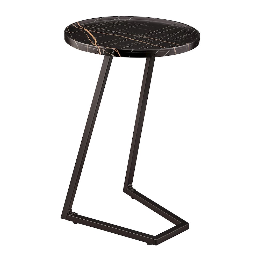 Addison Round Raised Lip Angled Couch-Side Accent C-Table - Black Marble/Black. Picture 1
