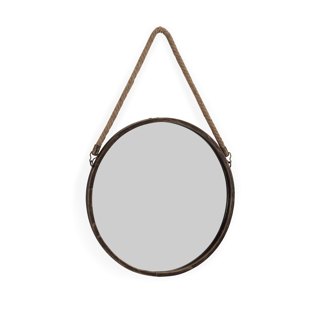 15" Gold Patina Round Mirror with Hanging Rope. Picture 1
