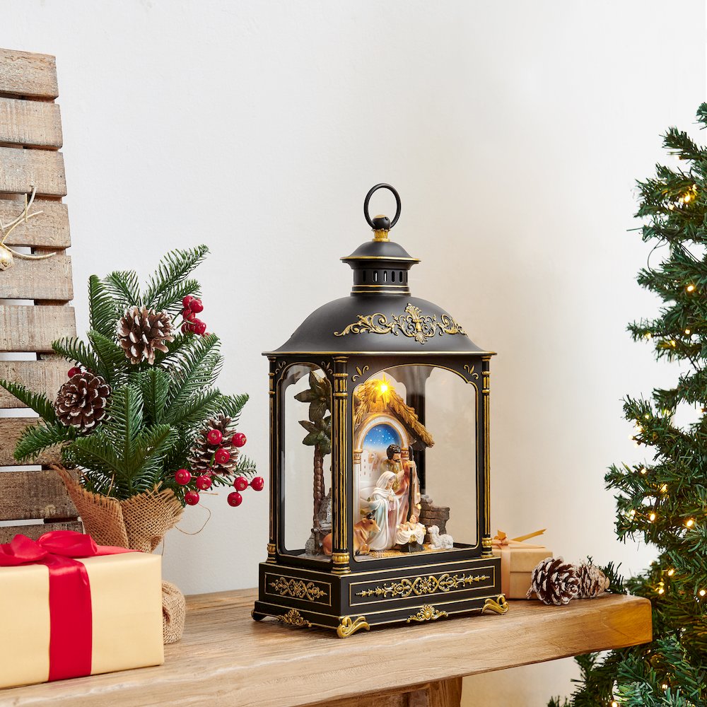 Black Gold Christmas Nativity Scene Diorama Lighted Lantern Decoration. Picture 4