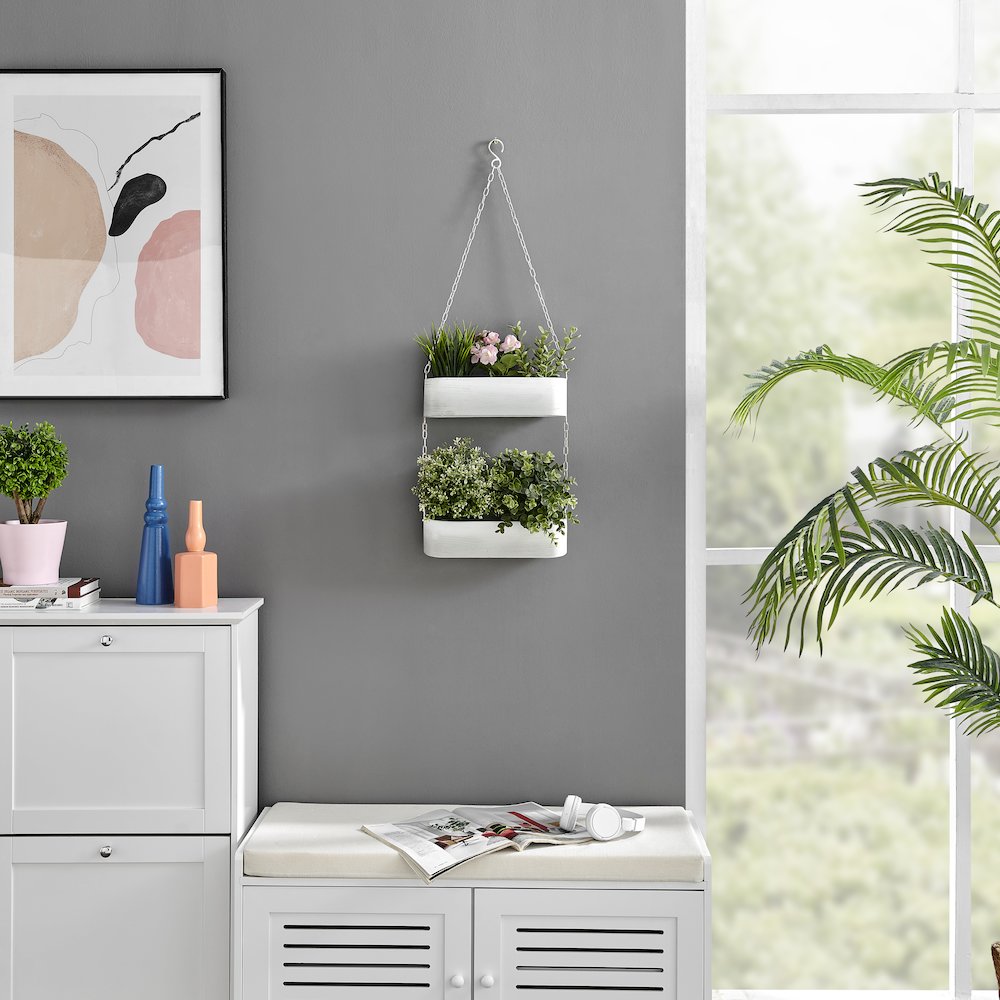 Two-Tier Hanging White Metal Trough Wall Planter. Picture 5