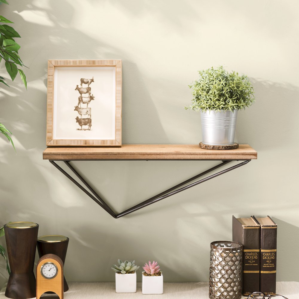 Rustic Wall Mount Pine Wood Shelf with Diamond-Shaped Iron Bracket. Picture 2