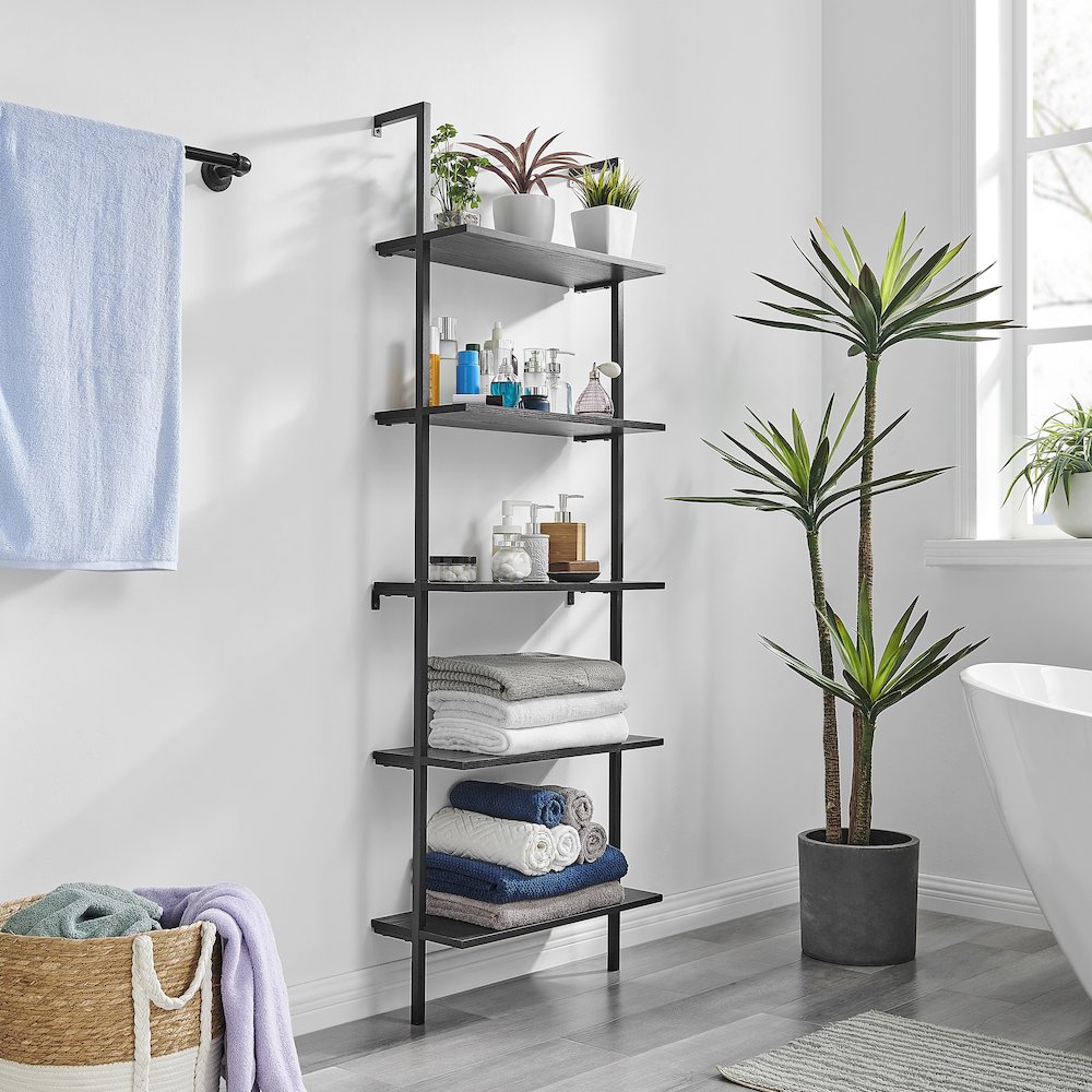Everett 5-Tier Open Display Wall Mount Metal Frame Ladder Shelf - Black/Black. Picture 9