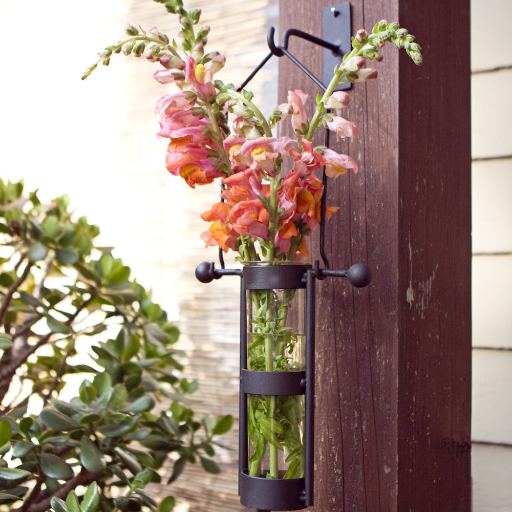 Wall Mount Hanging Glass Cylinder Vase Set with Metal Cradle and Hook. Picture 2