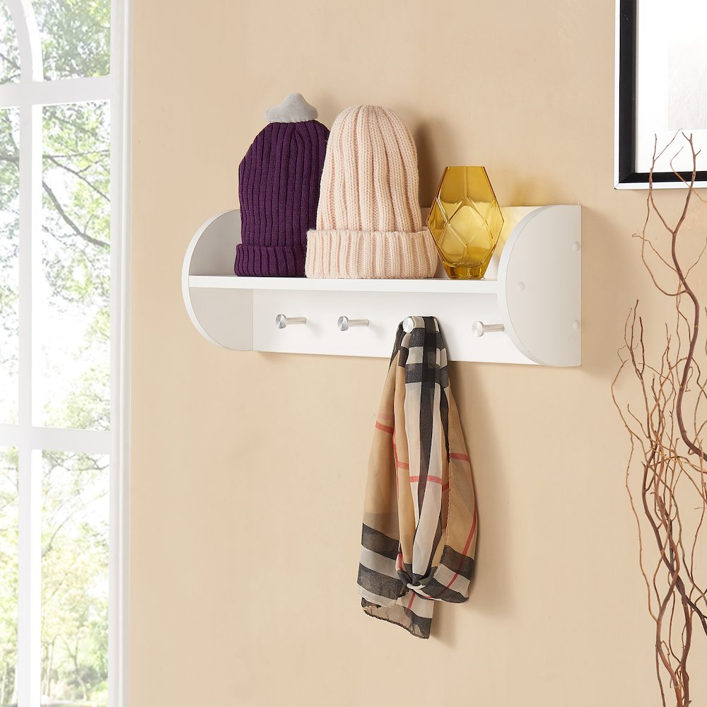 White Utility Shelf with Four Large Stainless Steel Hooks. Picture 2