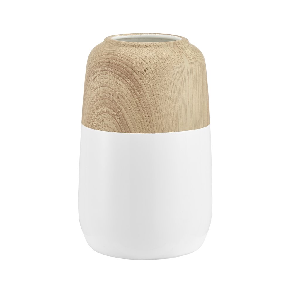Nora Burk Contemporary Two Tone Cylindrical Tabletop Vase - White and Beech. Picture 1