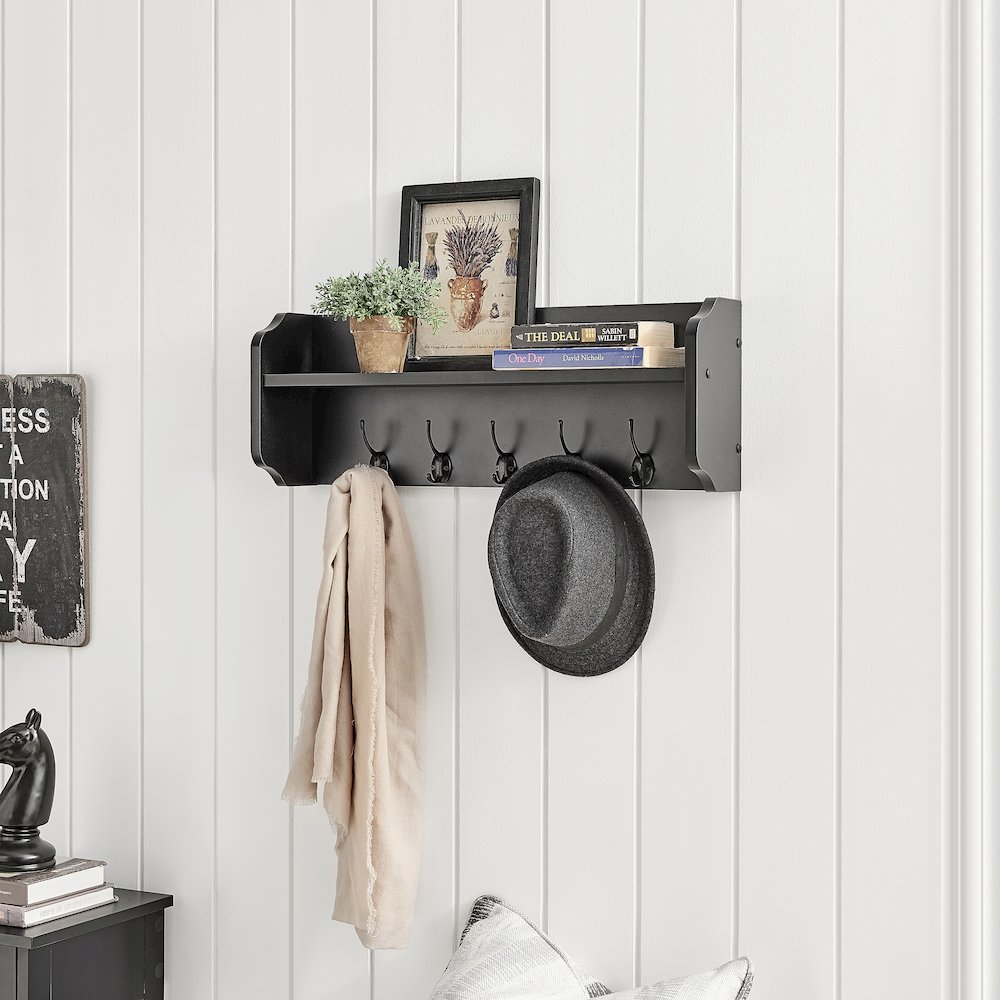 Entryway Floating Utility Wall Shelf with Hooks – Wall Mounted - Black. Picture 4