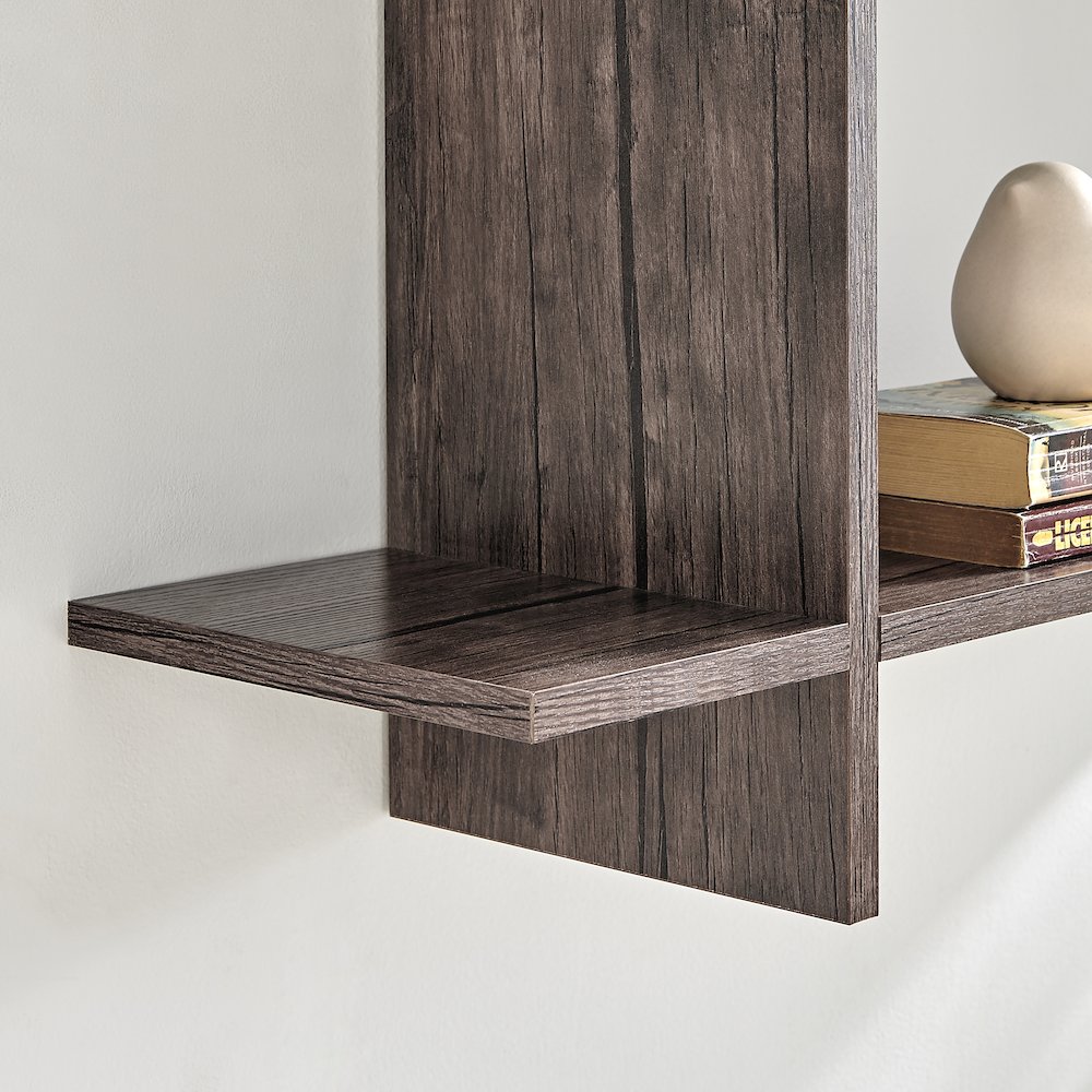 Manasa Floating Geometric Kilter Two-Tier Wall Shelf - Hickory. Picture 5