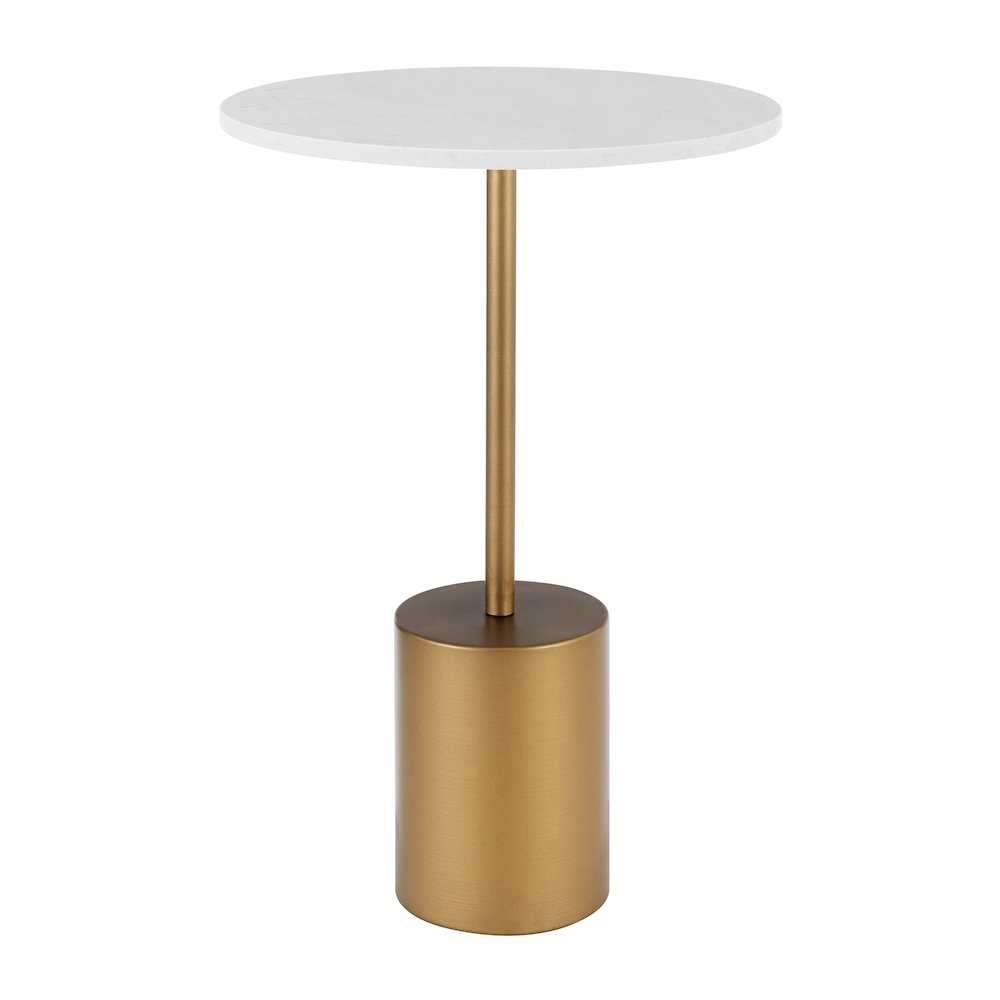Fritz Pedestal Side Accent Table with Gold Metal Base Genuine White Marble Stone. Picture 1