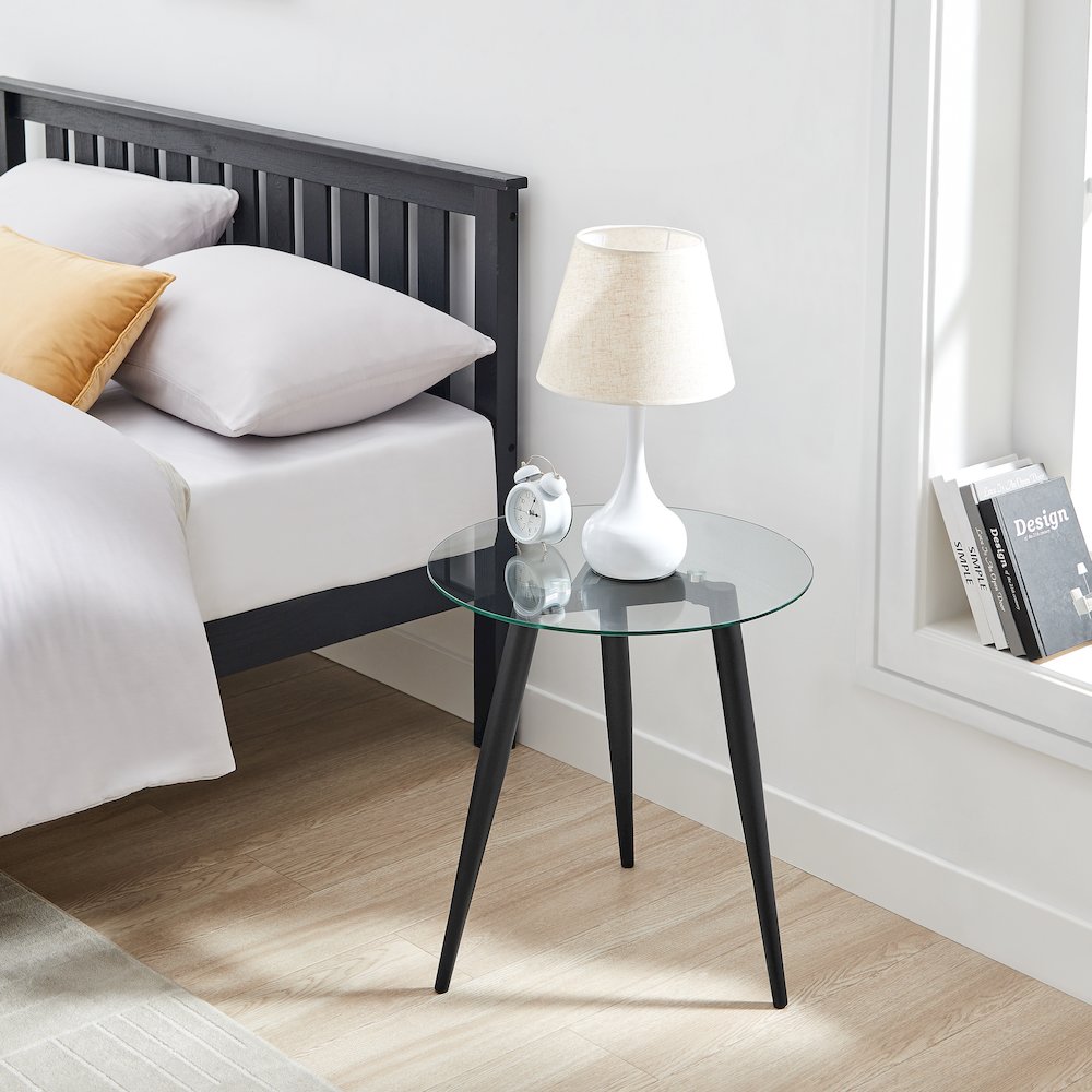 Van Beuren Side Table Modern Metal Taper Legs and Clear Glass Tabletop - Black. Picture 5