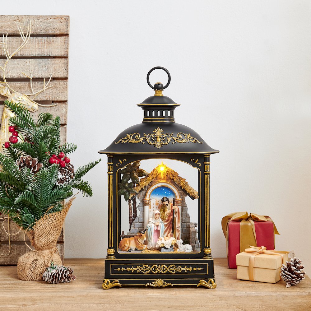 Black Gold Christmas Nativity Scene Diorama Lighted Lantern Decoration. Picture 2