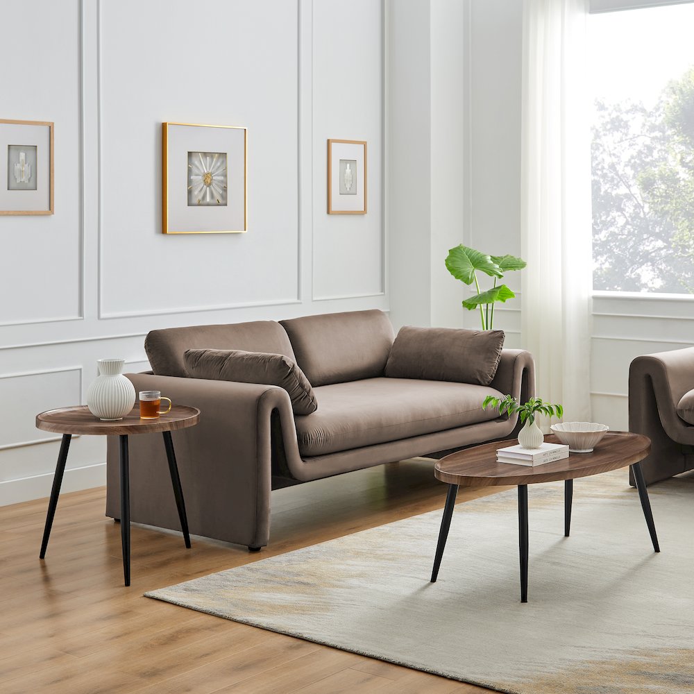 Paxton Raised Lip Edge Side Table Modern Black Metal Taper Legs - Round - Walnut. Picture 9
