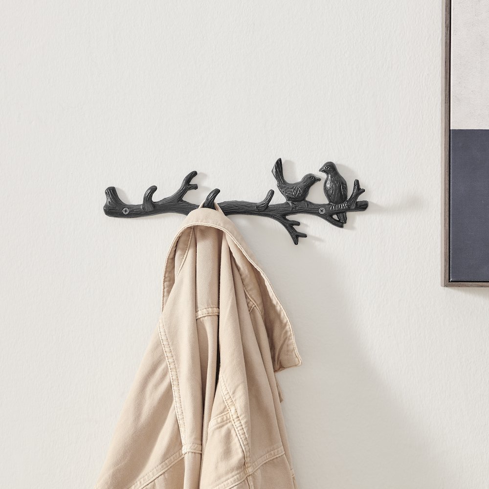 Dark Brown Cast Iron Birds on Tree Branch Wall Sculpture Utility 4 Hook Unit. Picture 2