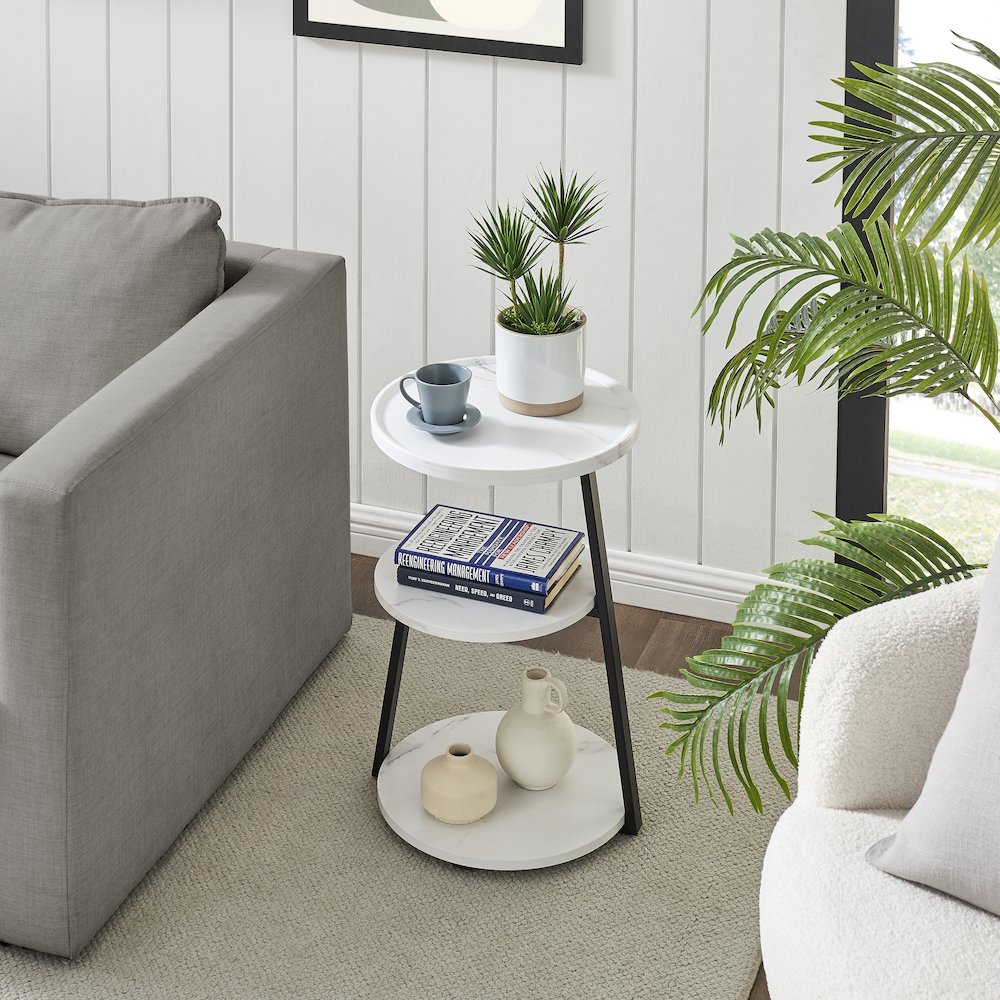 Skylar Round 3-Tier Side Accent Table with Raised Lip Edge - White Marble/Black. Picture 3