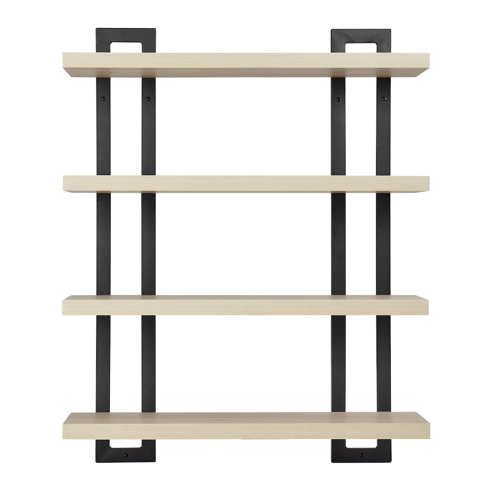 4-Tier Floating Bracket Wall Shelf - Black Metal and White Birch Finish. Picture 1