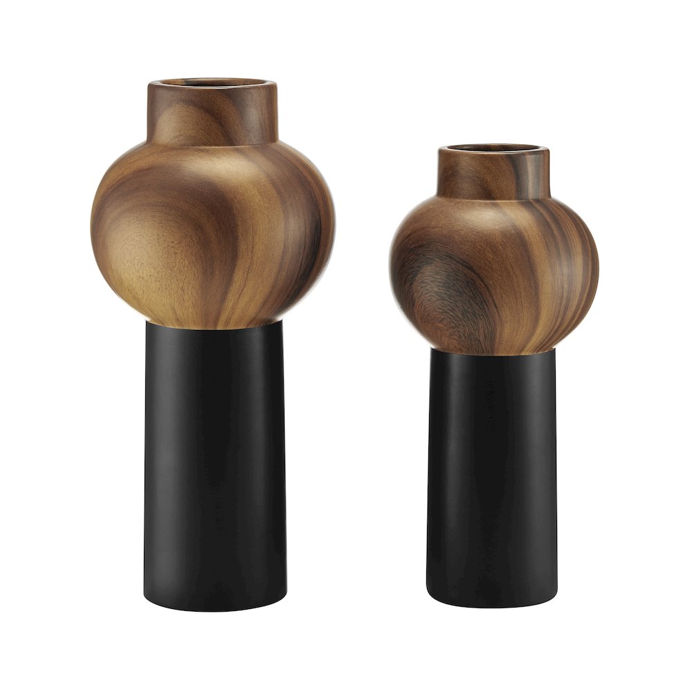 Milo Slickpin 2 Piece Modern Two Tone Tabletop Vase Set - Black and Walnut. Picture 1