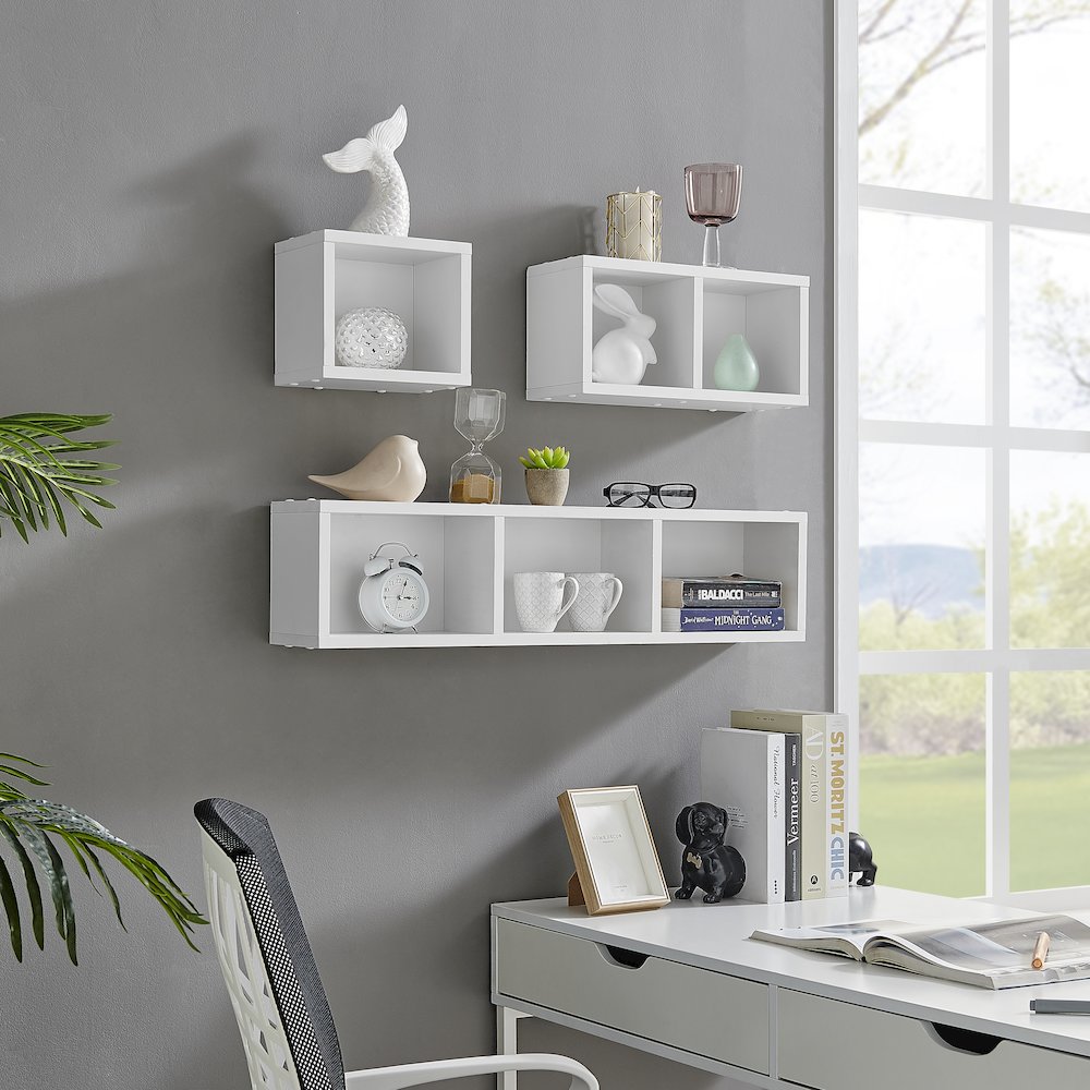 Bauhaus Floating Geometric Cubby Wall Shelves - Set of 3 Sizes - White. Picture 5