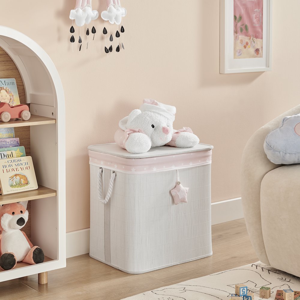 Pink/Cream Collapsible Folding Bamboo Kid Plush Laundry Hamper Sleepy Teddy Bear. Picture 3