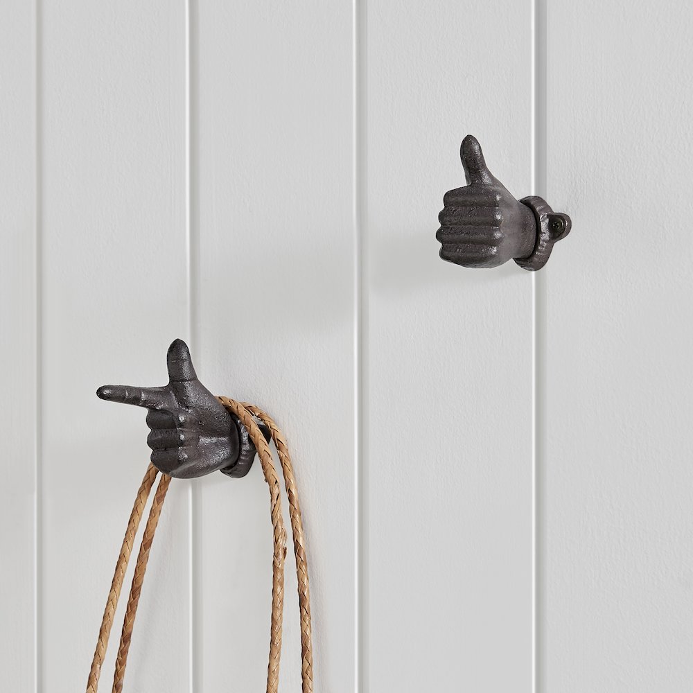 "Thumbs up & Pointing Finger" Brown Cast Iron Wall Mount Hook Set (Set of 2). Picture 3
